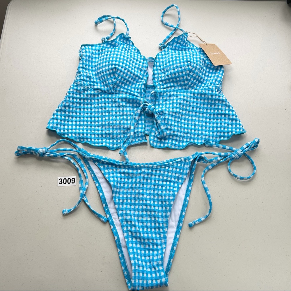 Samiol Women’s Medium Blue Plaid Tie-Front Tankini Set